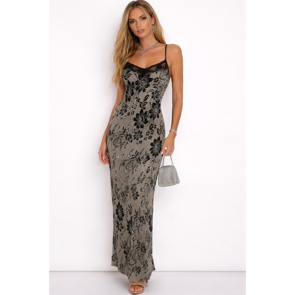 MAJIK Vintage Beaded Sequin Floral Bias Cut Maxi Dress S Lace Trim Evening Gown